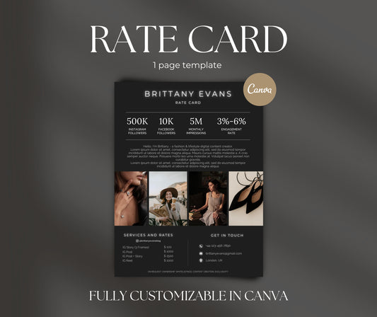 Black Minimalist Rate Card for Influencer | Price Sheet for Instagram Blogger | Modern Price List | Canva Media Kit Template