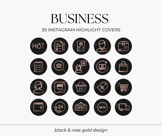 30 Instagram Highlight Covers for Business - Black and Rose Gold - Perfect for Online Shop, Ecommerc