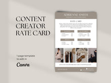 Load image into Gallery viewer, Content Creator Rate Card Template, Editable Influencer Rate Card Canva Template, UGC Price Sheet, Modern Rate Sheet Template
