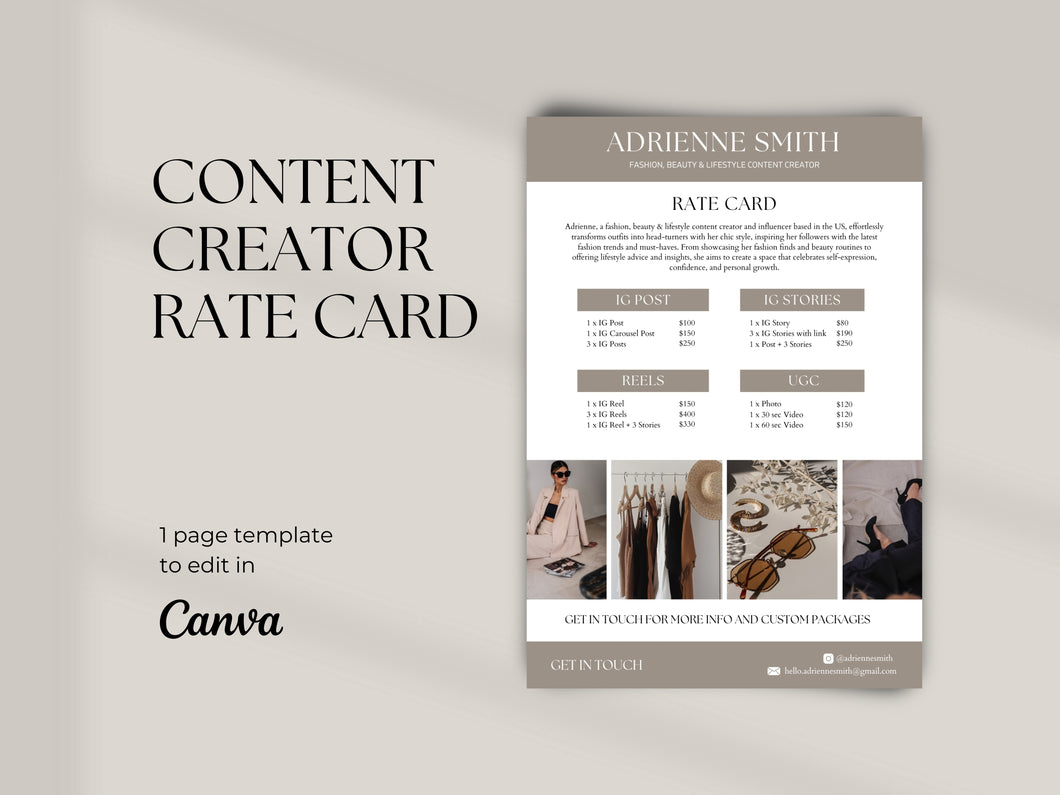 Content Creator Rate Card Template, Editable Influencer Rate Card Canva Template, UGC Price Sheet, Modern Rate Sheet Template