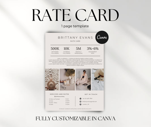 Beige Minimalist Rate Card Template | Instagram Rate Sheet for Influencer | Modern Price List | Canva Media Kit Template