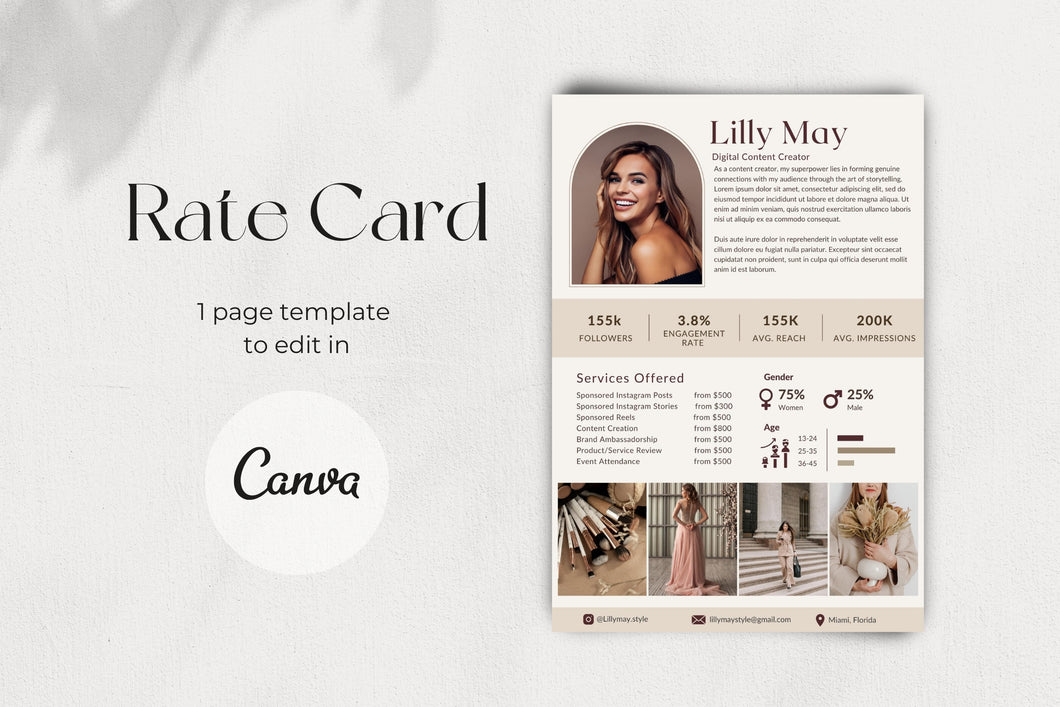 Influencer Rate Card Template | Content Creator Rate Card | Rate Sheet for Instagram Influencer | Modern Beige Rate Card Canva Template