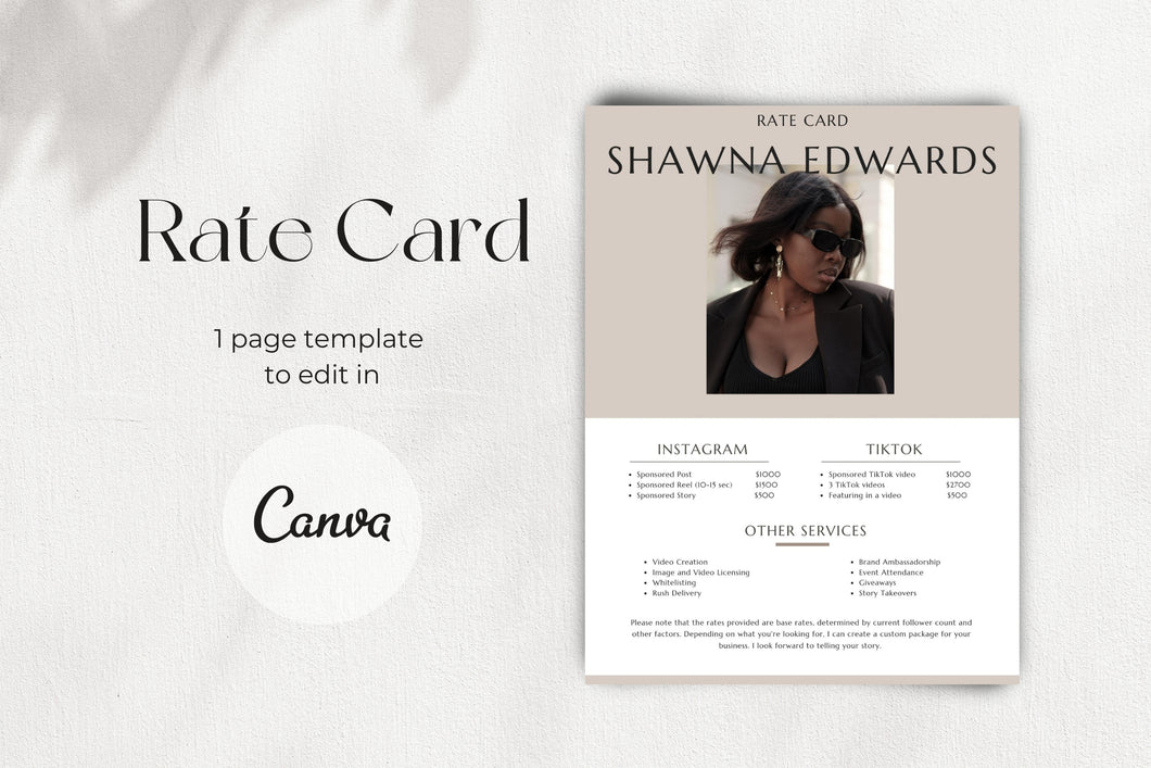 Rate Card Template | Instagram & TikTok Rate Card | Rate Sheet for Content Creator | Modern Neutral Tone Rate Card Canva Template
