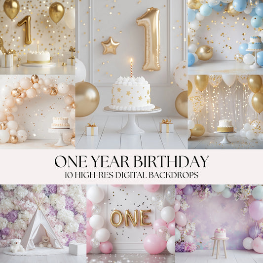 One Year Birthday Digital Backdrops – First Birthday Photo Backgrounds, Cake Smash Scenes, 1st Birthday Photography, Family Studio Backdrops