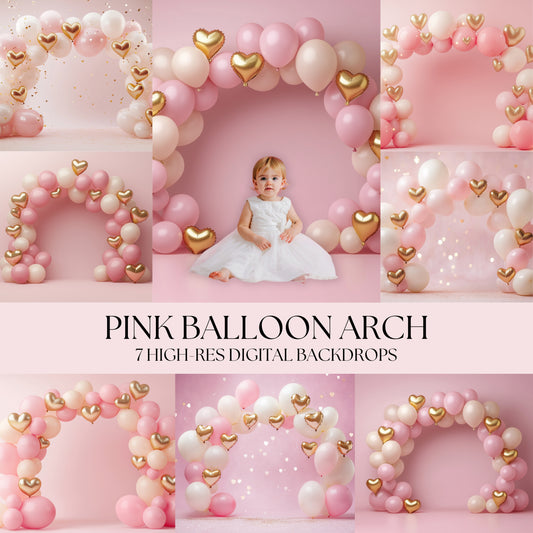 Pink & Gold Balloon Arch Backdrops, Baby Birthday Photo Background, Cake Smash Digital Backdrop, High Res JPG First Birthday Photoshoot