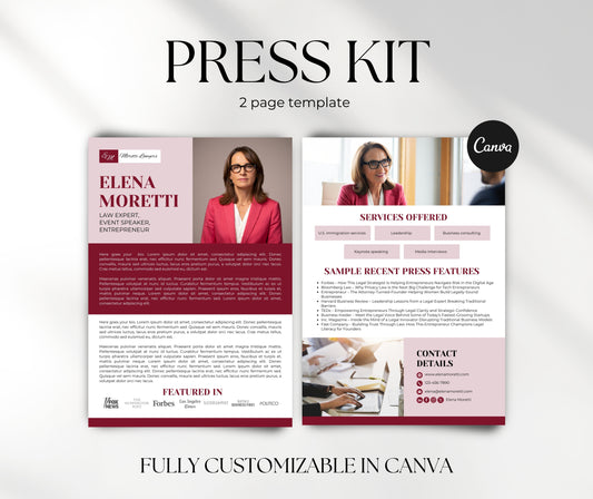 Professional Press Kit Template, Media Kit for Lawyers, Speakers, Entrepreneurs, PR Media Kit, EPK for Media Features, Press Kit Canva
