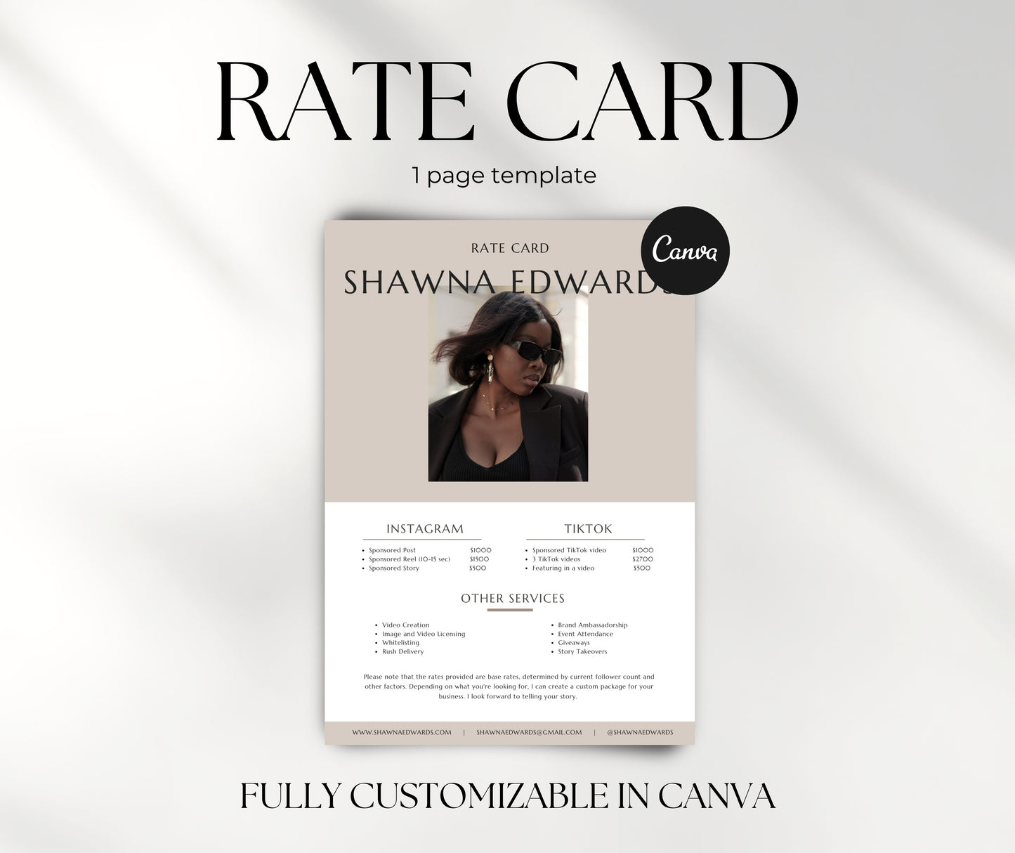 Rate Card Template, Instagram & TikTok Rate Card, Rate Sheet for Content Creator, Modern Neutral Tone Rate Card Canva Template