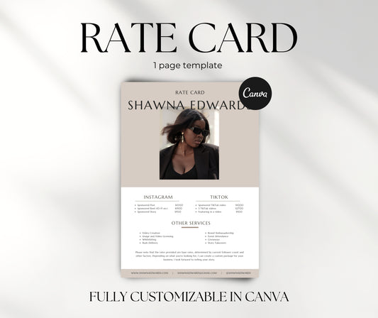 Rate Card Template, Instagram & TikTok Rate Card, Rate Sheet for Content Creator, Modern Neutral Tone Rate Card Canva Template