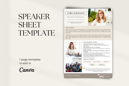 Speaker Sheet Template, Speaker Media Kit, Canva Media Kit for Keynote Speakers, Mental Health Advocate, Corporate Trainer, One Pager