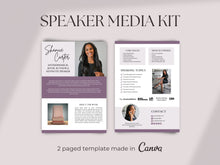 Load image into Gallery viewer, Speaker Media Kit Template, Speaker Sheet, Canva Media Kit for Keynote Speakers, Book Authors, Coaches, Entrepreneurs, EPK Canva Template
