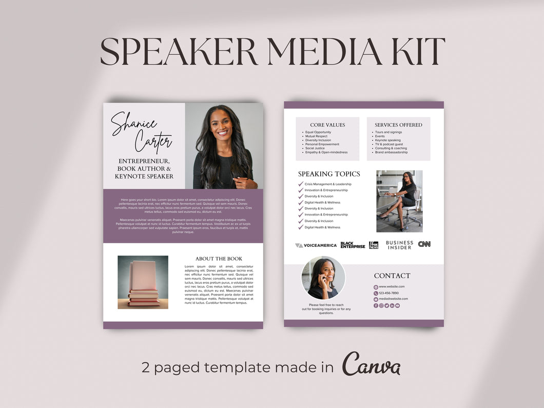 Speaker Media Kit Template, Speaker Sheet, Canva Media Kit for Keynote Speakers, Book Authors, Coaches, Entrepreneurs, EPK Canva Template