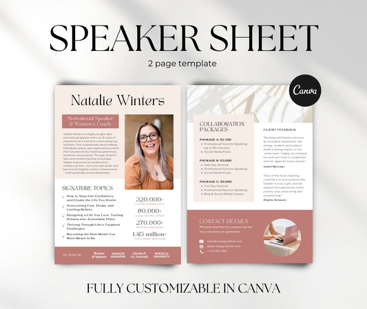 Speaker Sheet Template Canva, Editable Media Kit, Public Speaker One Sheet, Professional Speaker Profile Press Kit Template Instant Download