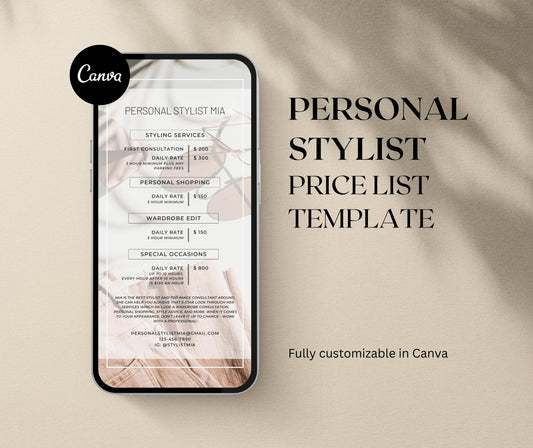 Canva Price List Template for Personal Stylists, Editable Instagram Story Pricing Sheet, Personal Shopper Price Sheet, Instagram Rate Card