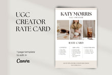 Load image into Gallery viewer, UGC Creator Rate Card Template, Editable UGC Rate Card Canva Template, User Generated Content Pricing, Minimalist UGC Rate Sheet Template
