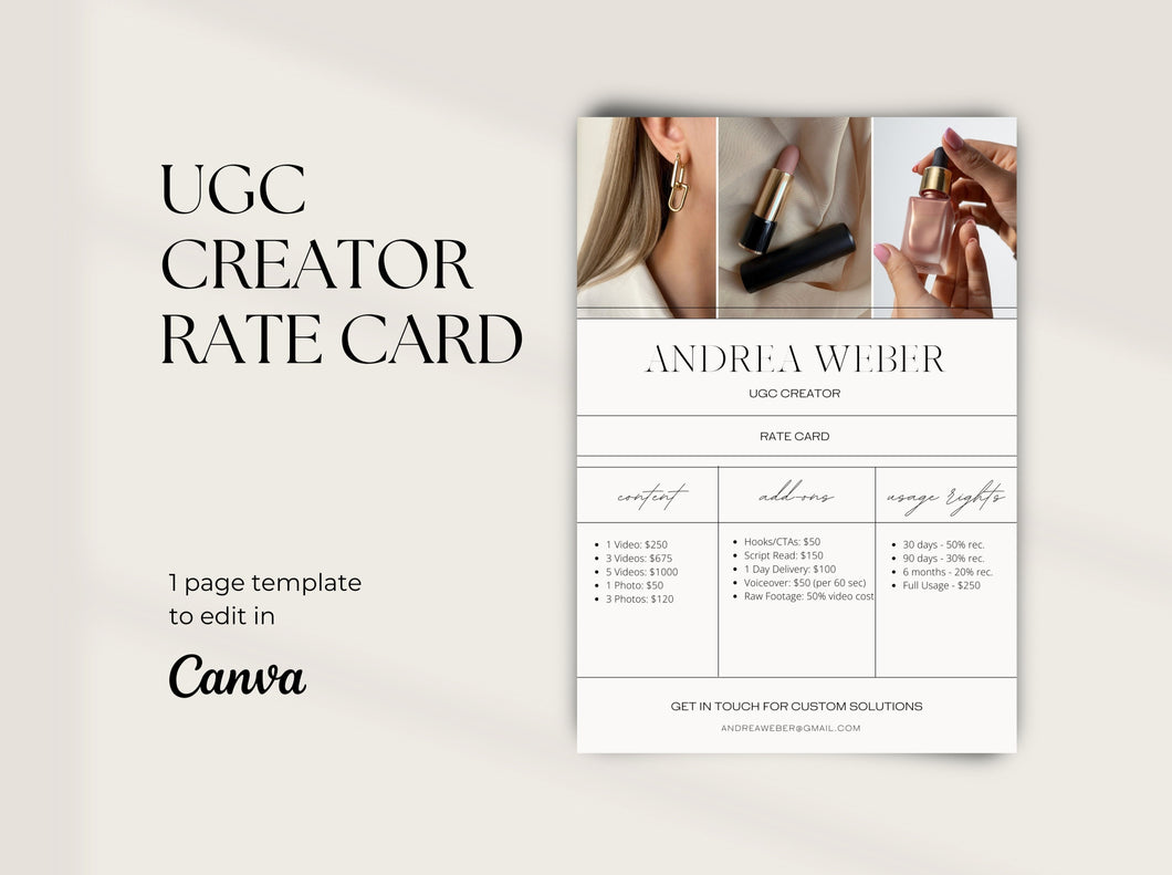 UGC Rate Card, UGC Creator Rate Card Template, User Generated Content Creator Rate Sheet, UGC Canva Template, Content Creator Pricing Sheet