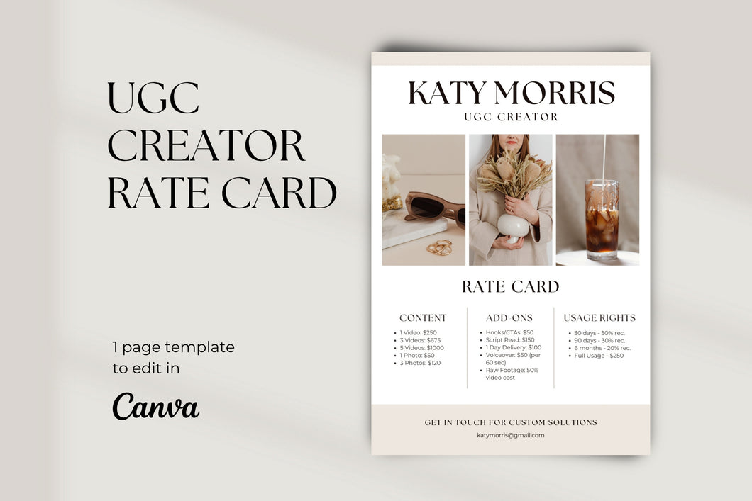 UGC Creator Rate Card Template, Editable UGC Rate Card Canva Template, User Generated Content Pricing, Minimalist UGC Rate Sheet Template