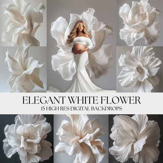 Elegant White Flower Digital Backdrops for Photoshop, High-Res Floral Backgrounds for Portraits, Maternity, Wedding, Photography Editing