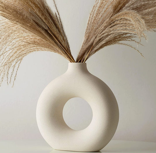 Nordic Ceramic Vase for Pampas Grass, Donut Flower Pot, Aesthetic Home Decor Accessories for Content Creators