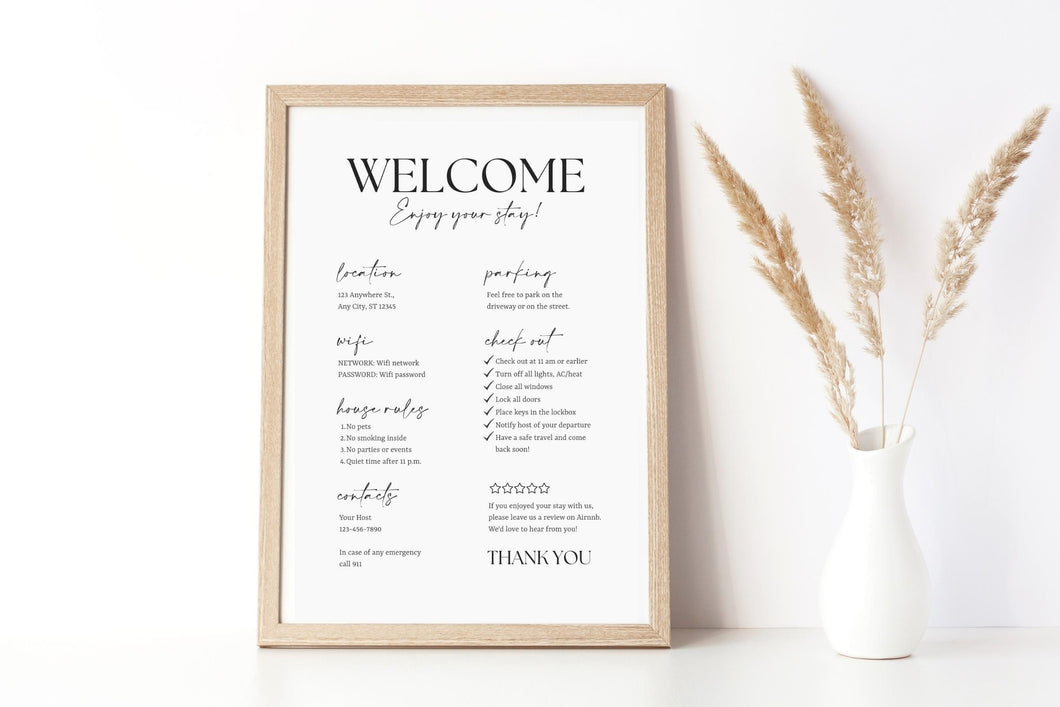 Airbnb Welcome Sign Template | Airbnb Template Canva | Home Rental Wi-Fi, House Rules and Check Out Instructions | Airbnb Arrival Poster