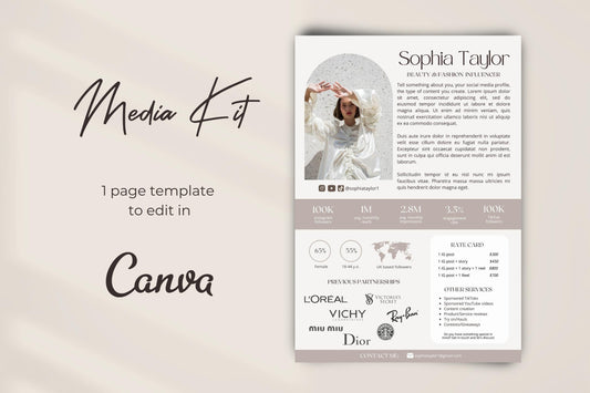 Beige Influencer Media Kit Template for Canva | 1 Page Media Kit for Digital Content Creator | Modern Media Kit with Rate Card