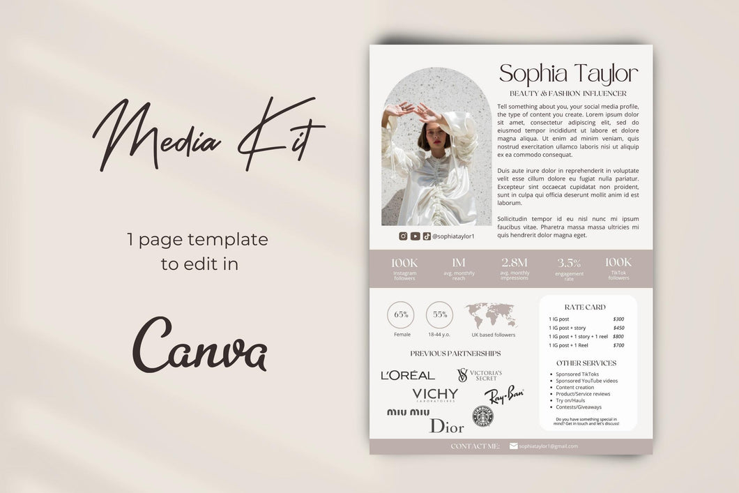 Beige Influencer Media Kit Template for Canva | 1 Page Media Kit for Digital Content Creator | Modern Media Kit with Rate Card
