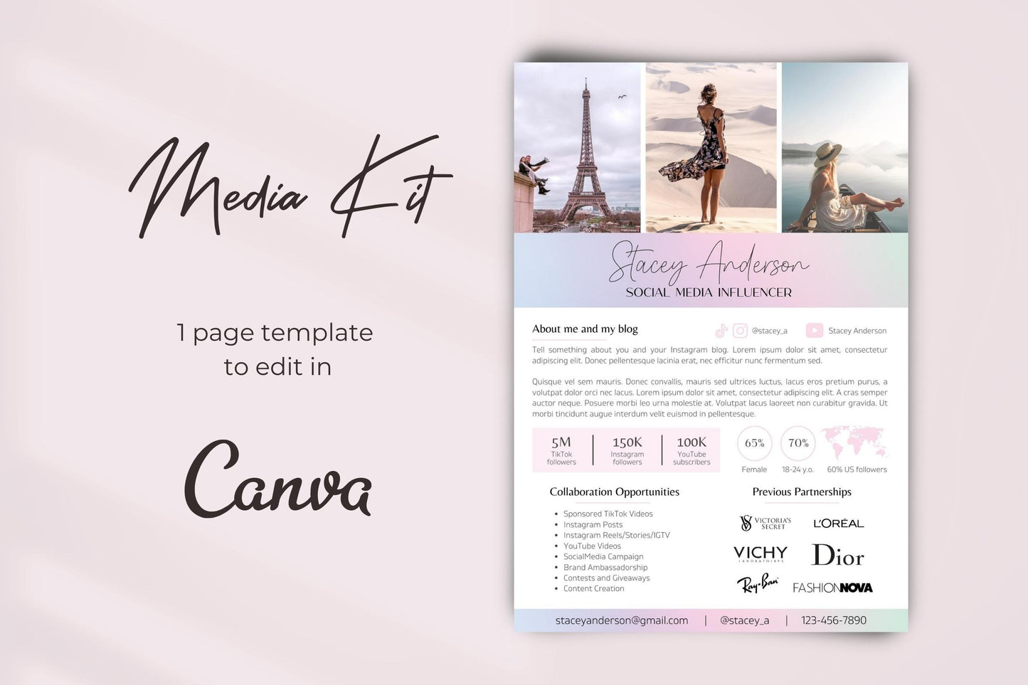 1 page Media Kit Template for Canva, TikTok Influencer Media Kit, Instagram Media Kit Template, Social Media Influencer Rate Card