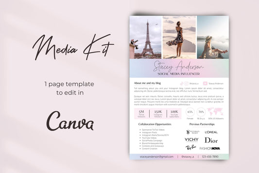 1 page Media Kit Template for Canva, TikTok Influencer Media Kit, Instagram Media Kit Template, Social Media Influencer Rate Card