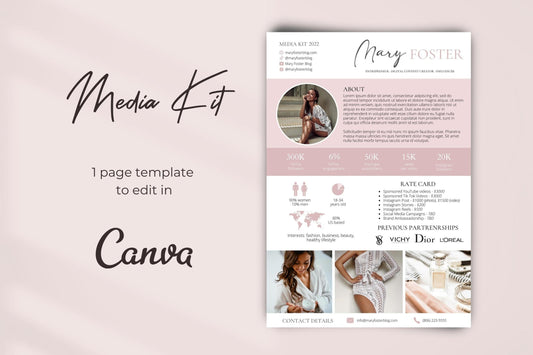 One Page Media Kit with Rate Card for Instagram and TikTok Influencer, YouTuber Media Kit Canva Template, Content Creator Media Kit