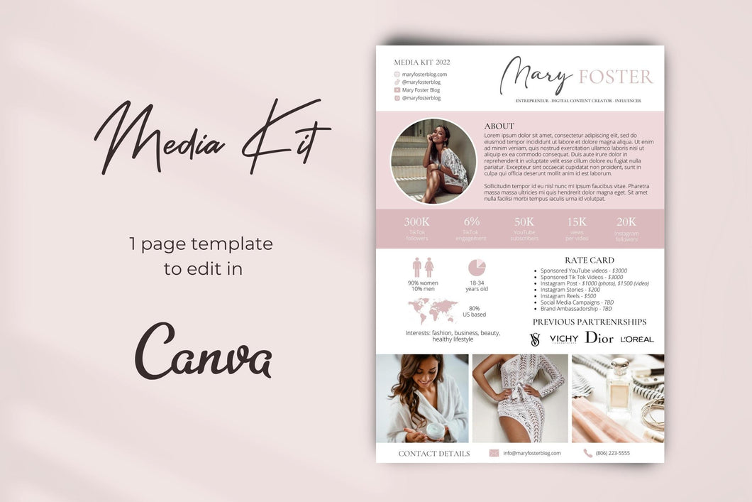 One Page Media Kit with Rate Card for Instagram and TikTok Influencer, YouTuber Media Kit Canva Template, Content Creator Media Kit