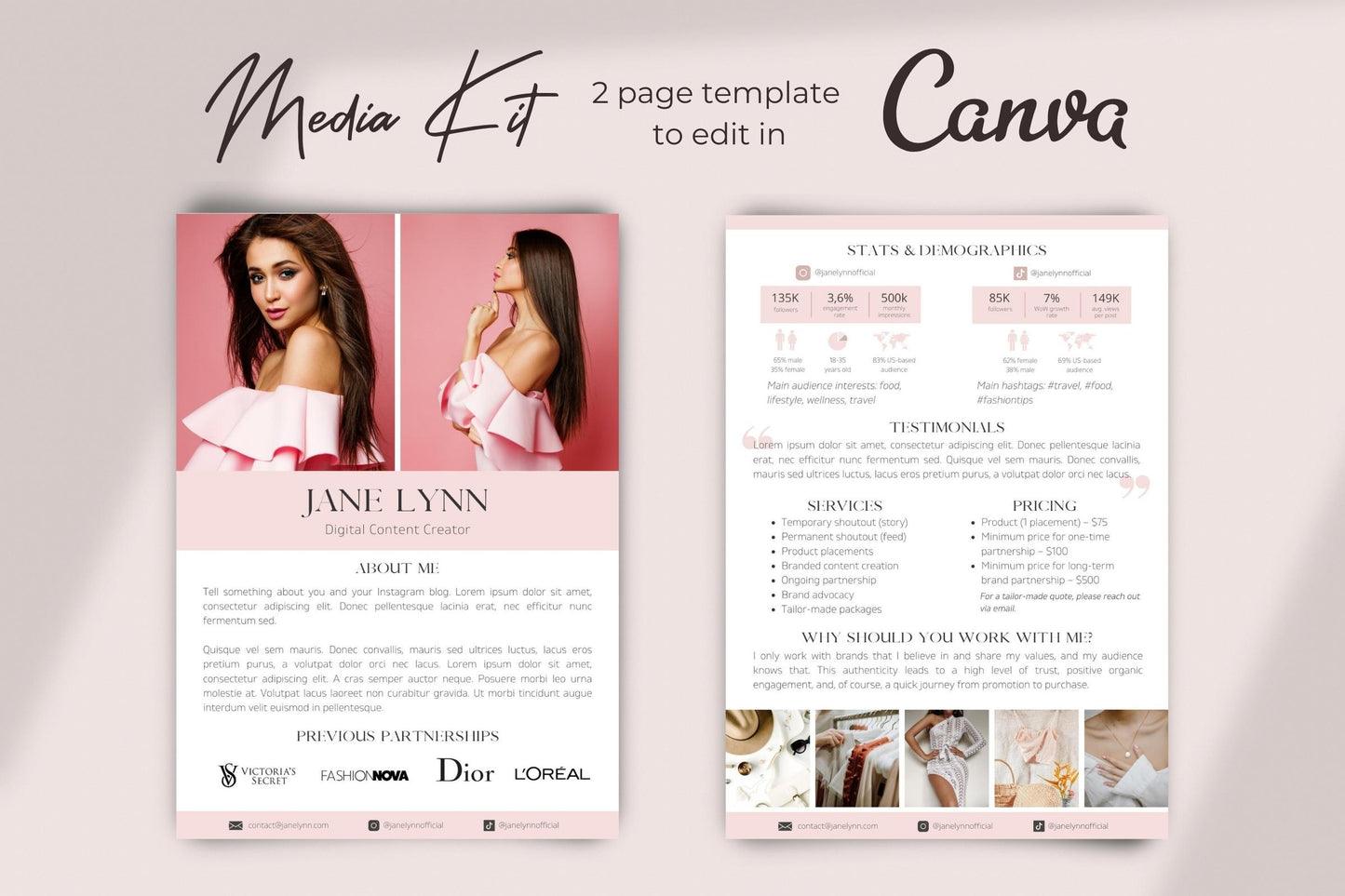 Media Kit, Instagram and TikTok Influencer Media Kit Template for Canva, Content Creator Media Kit with Rate Card, 2 Page Media Kit