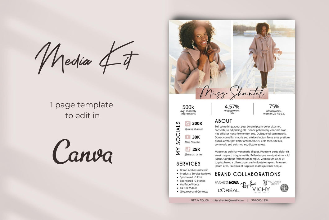 Rose Gold Media Kit Template | Influencer Media Kit 1 Page Design | Modern Media Kit Template for Canva