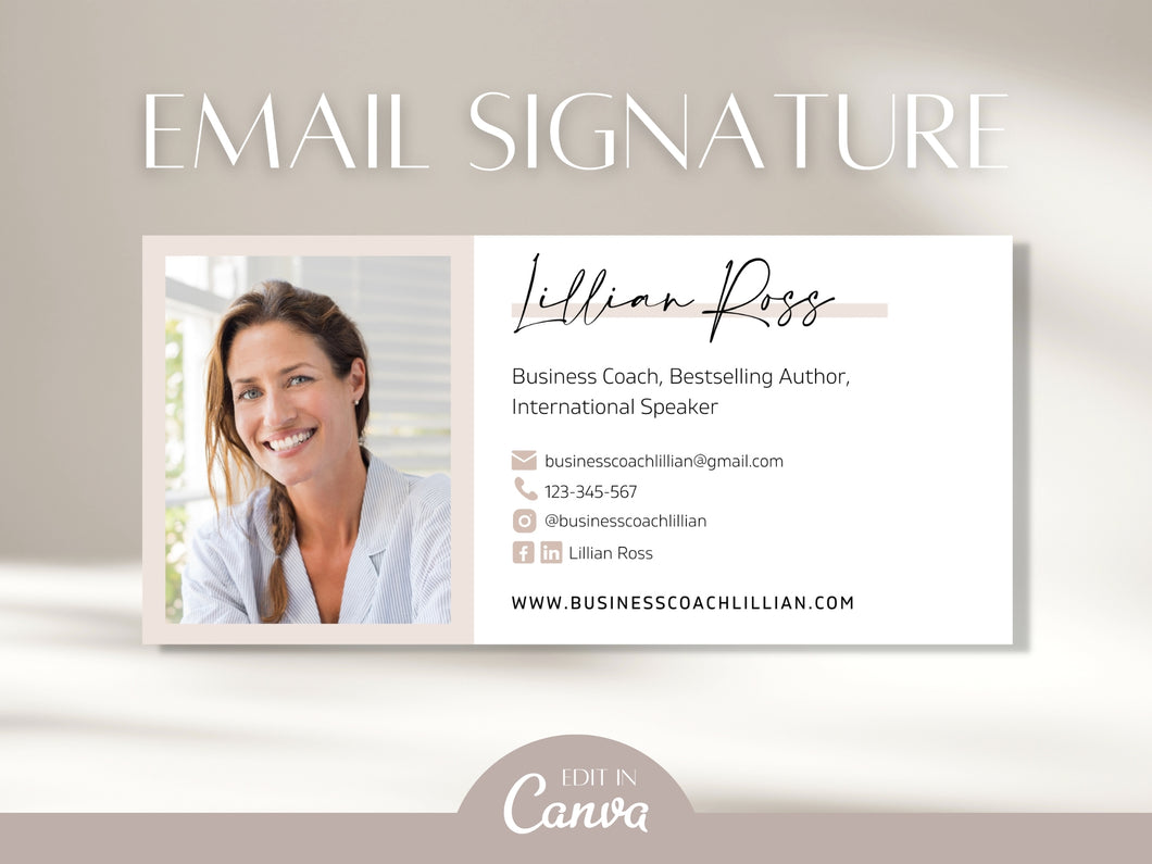 Email Signature Template Canva - Custom Business Email Signature Design - Business Coach Gmail Photo Signature Template to Edit in Canva