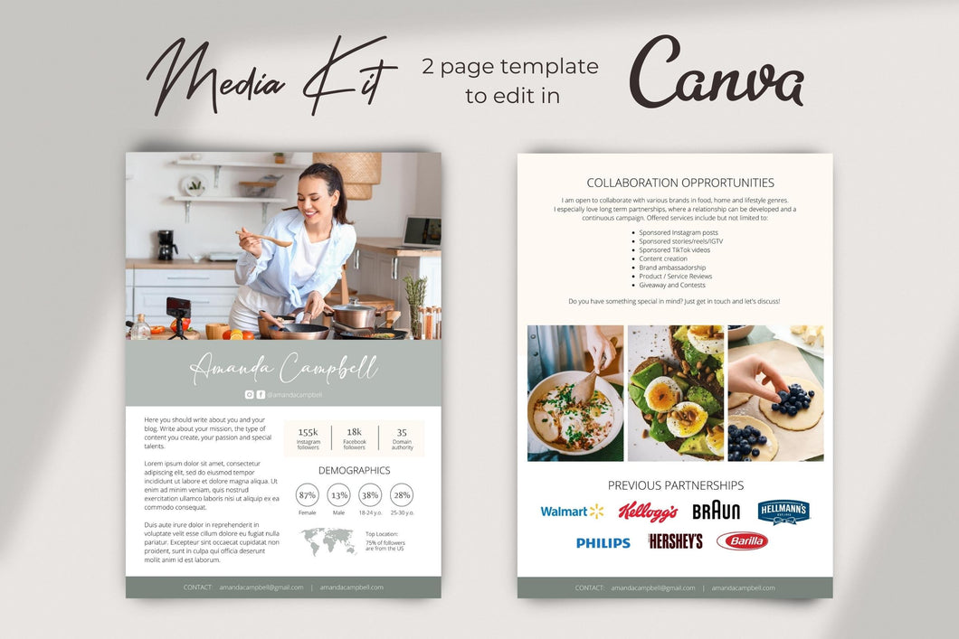 Food Blogger Media Kit Template | Canva Template Foodie Media Kit | Food Business Media Kit for Influencer | Chef Media Kit