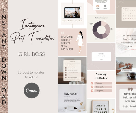 20 Girl Boss Instagram Templates | Entrepreneur Instagram Feed | Instagram Templates for Business Coach | Female Boss Social Media Design