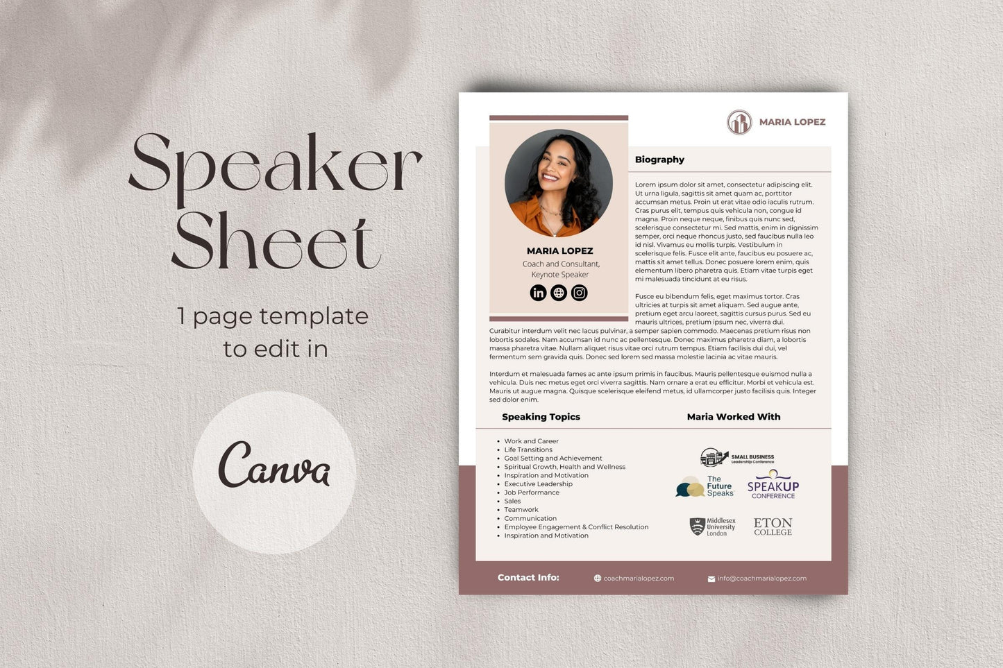 Speaker Sheet Template | Canva Press Kit Template for Speakers | Speaker Media Kit Template | Speaker EPK